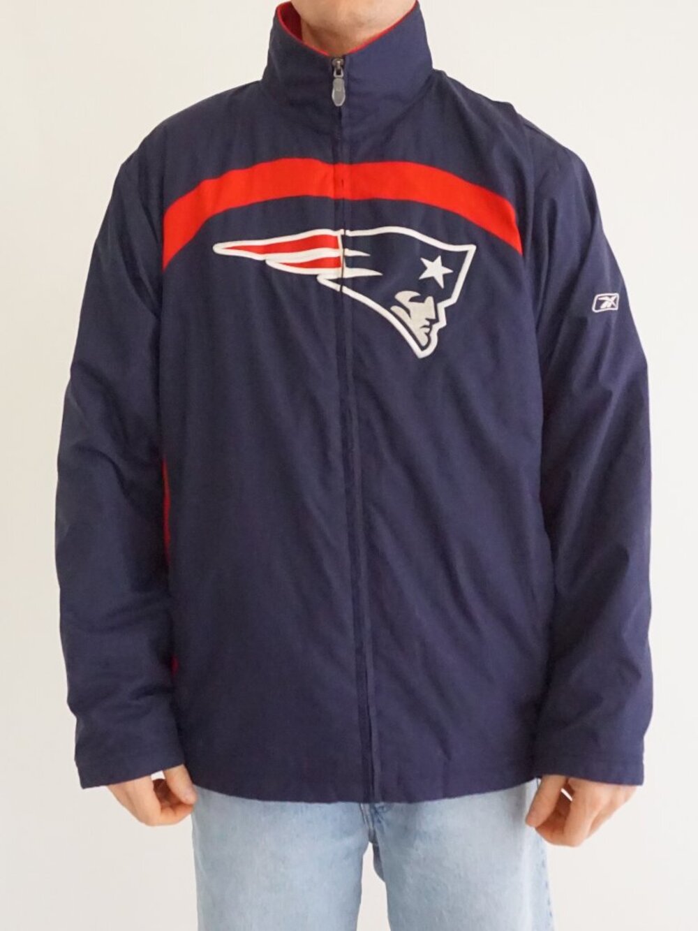 Vintage Reebok Navy Red New England Patriots NFL Y2K Sports Windbreaker Jacket M